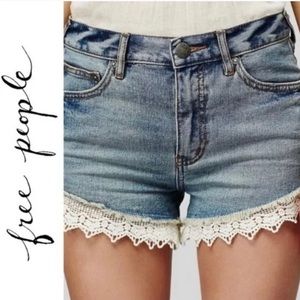 FREE PEOPLE Lace Trimmed Denim Shorts